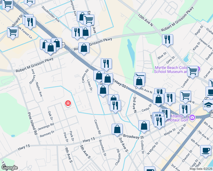 map of restaurants, bars, coffee shops, grocery stores, and more near 1238 3rd Avenue South in Myrtle Beach