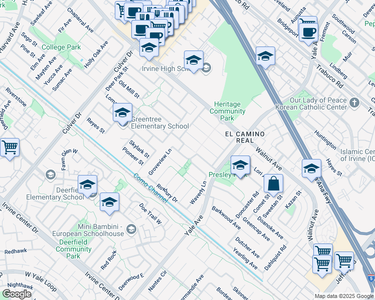 map of restaurants, bars, coffee shops, grocery stores, and more near 4522 Cheviot Drive in Irvine