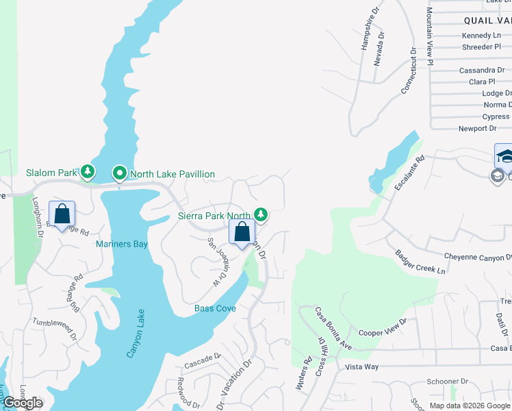 map of restaurants, bars, coffee shops, grocery stores, and more near 28846 Yosemite Place in Canyon Lake