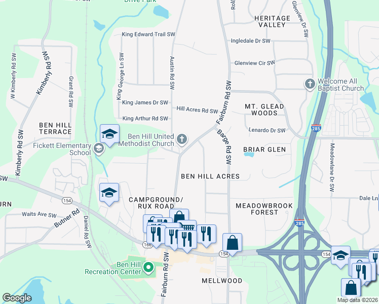 map of restaurants, bars, coffee shops, grocery stores, and more near 2096 Fairburn Road Southwest in Atlanta