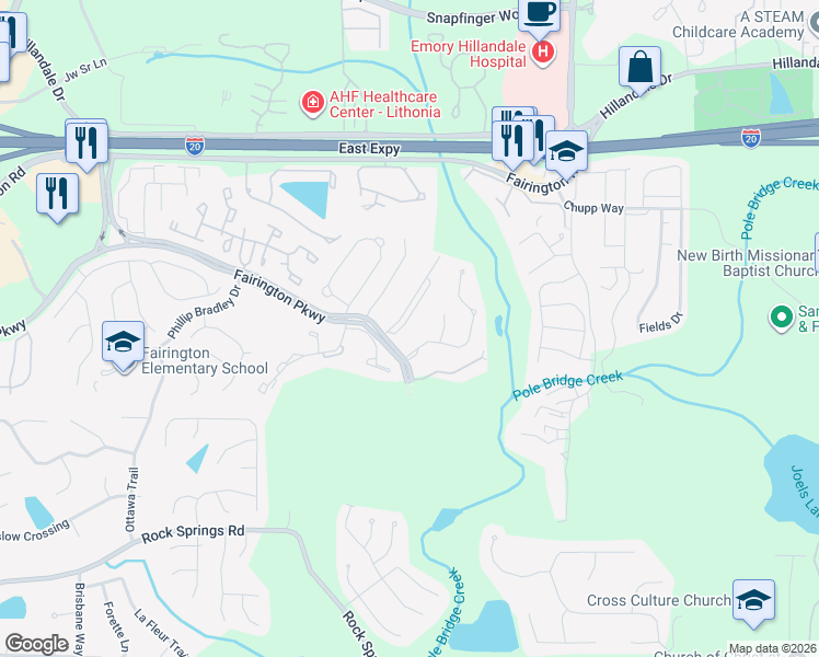map of restaurants, bars, coffee shops, grocery stores, and more near 10101 Fairington Ridge Circle in Stonecrest
