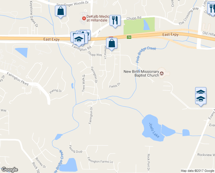 map of restaurants, bars, coffee shops, grocery stores, and more near 2981 Fields Drive in Lithonia