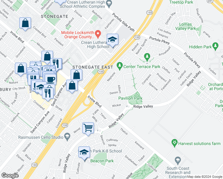map of restaurants, bars, coffee shops, grocery stores, and more near 228 Midori in Irvine