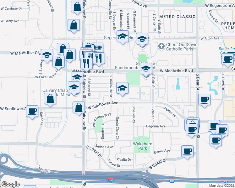 map of restaurants, bars, coffee shops, grocery stores, and more near 2521 West Sunflower Avenue in Santa Ana