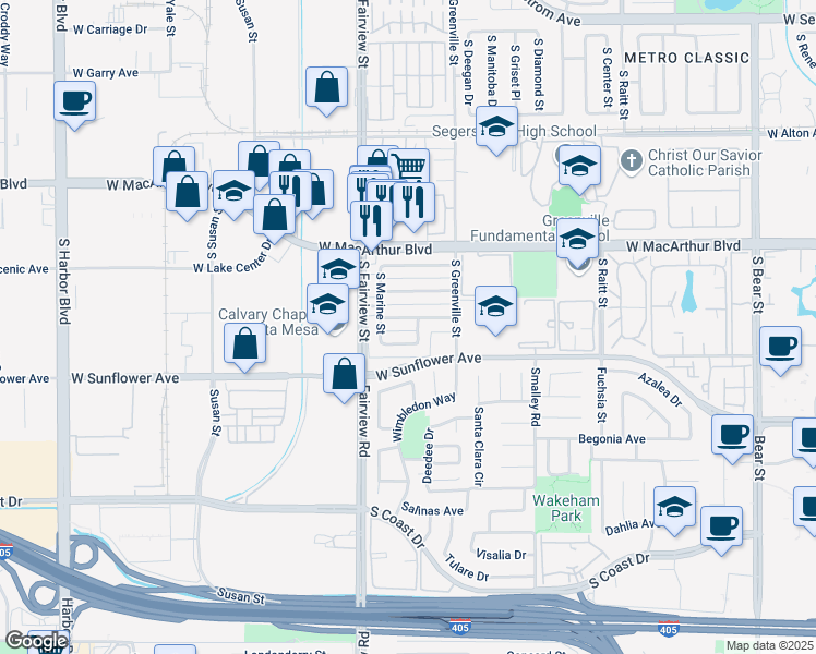 map of restaurants, bars, coffee shops, grocery stores, and more near 2708 West Aurora Street in Santa Ana