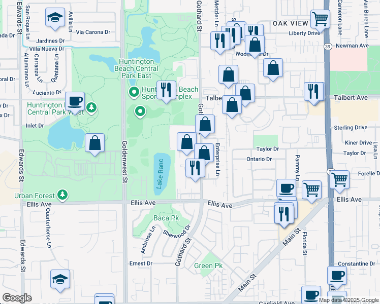 map of restaurants, bars, coffee shops, grocery stores, and more near 18245 Gothard Street in Huntington Beach