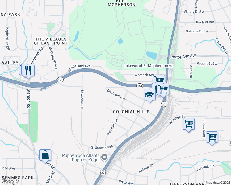 map of restaurants, bars, coffee shops, grocery stores, and more near 1467 Clermont Avenue in East Point