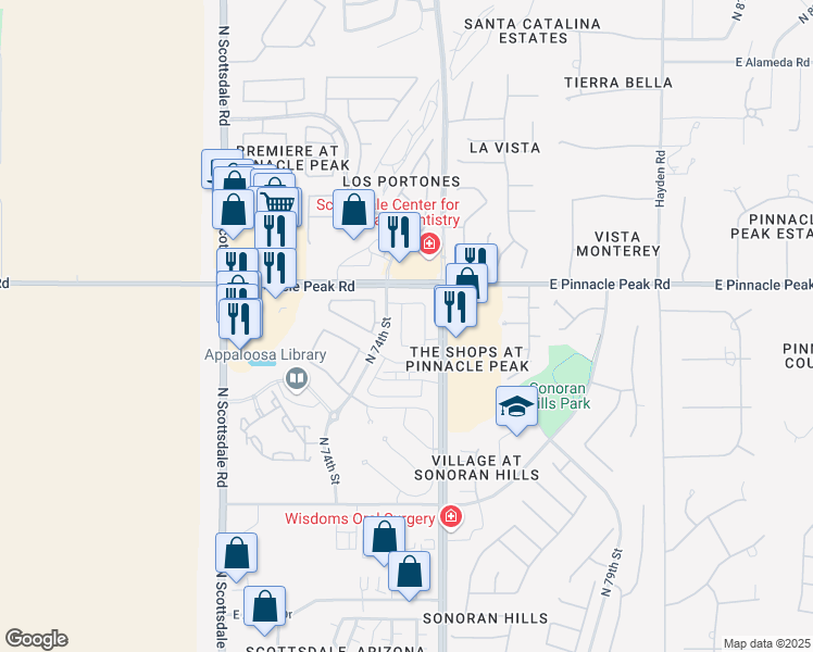 map of restaurants, bars, coffee shops, grocery stores, and more near 23391 North 74th Place in Scottsdale