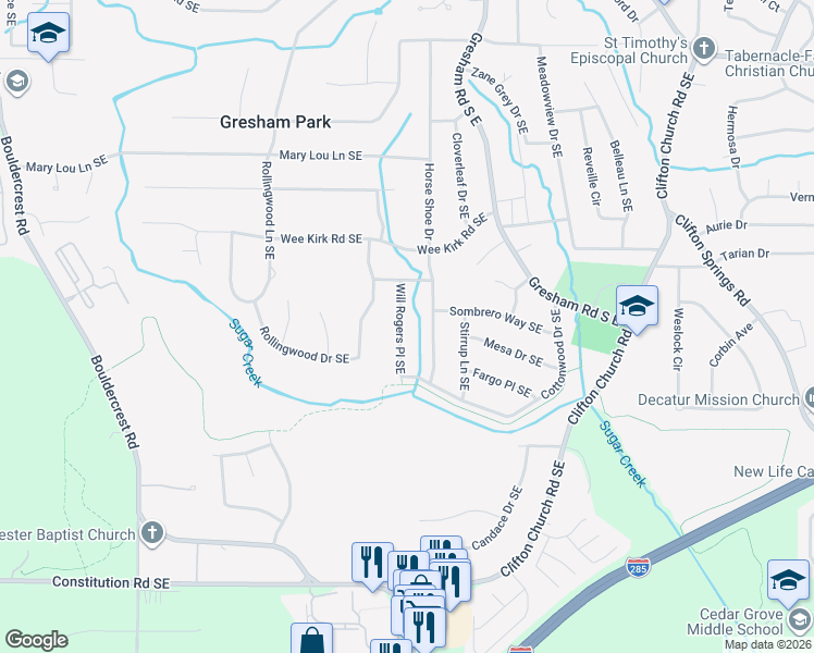 map of restaurants, bars, coffee shops, grocery stores, and more near 3030 Will Rogers Place Southeast in Atlanta