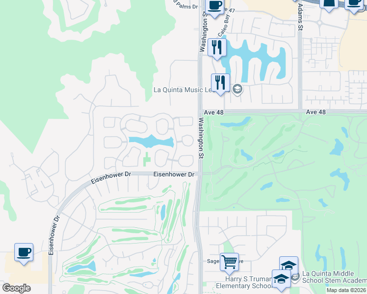 map of restaurants, bars, coffee shops, grocery stores, and more near 48105 Vía Hermosa in La Quinta