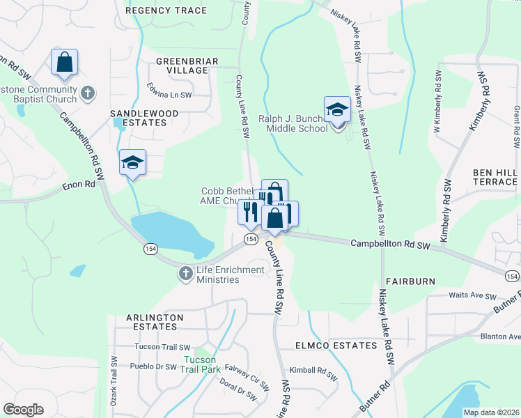 map of restaurants, bars, coffee shops, grocery stores, and more near 2100 County Line Road Southwest in Atlanta