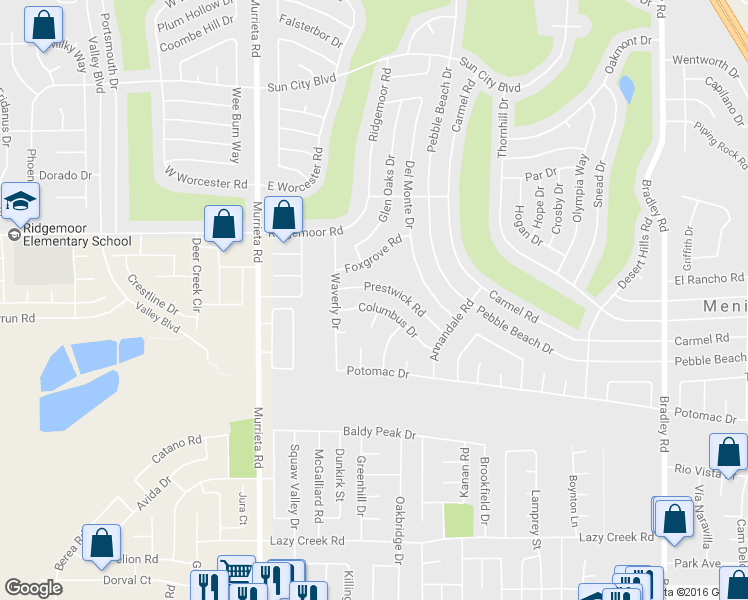 map of restaurants, bars, coffee shops, grocery stores, and more near 26286 Columbus Dr in Menifee