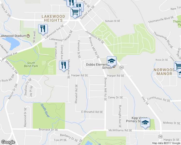 map of restaurants, bars, coffee shops, grocery stores, and more near 384 Harper Road Southeast in Atlanta