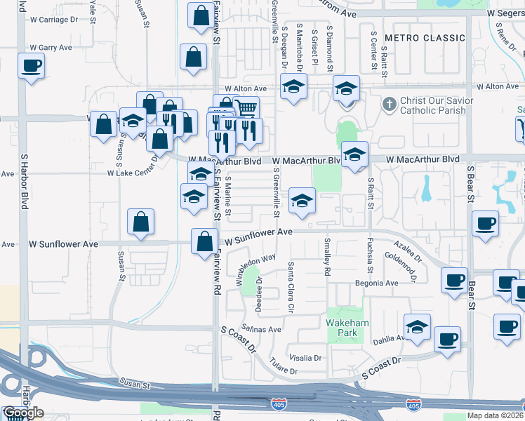map of restaurants, bars, coffee shops, grocery stores, and more near 2608 West Aurora Street in Santa Ana
