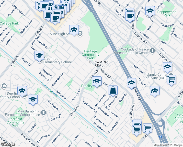 map of restaurants, bars, coffee shops, grocery stores, and more near 14592 Orange Acres Lane in Irvine