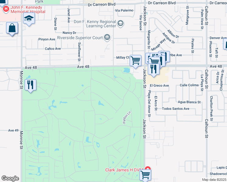 map of restaurants, bars, coffee shops, grocery stores, and more near 82594 Doolittle Drive in Indio
