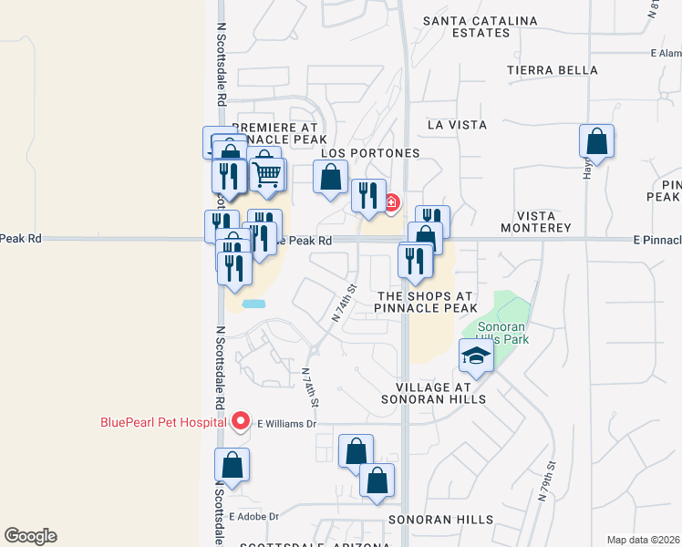 map of restaurants, bars, coffee shops, grocery stores, and more near 23376 73rd Way in Scottsdale