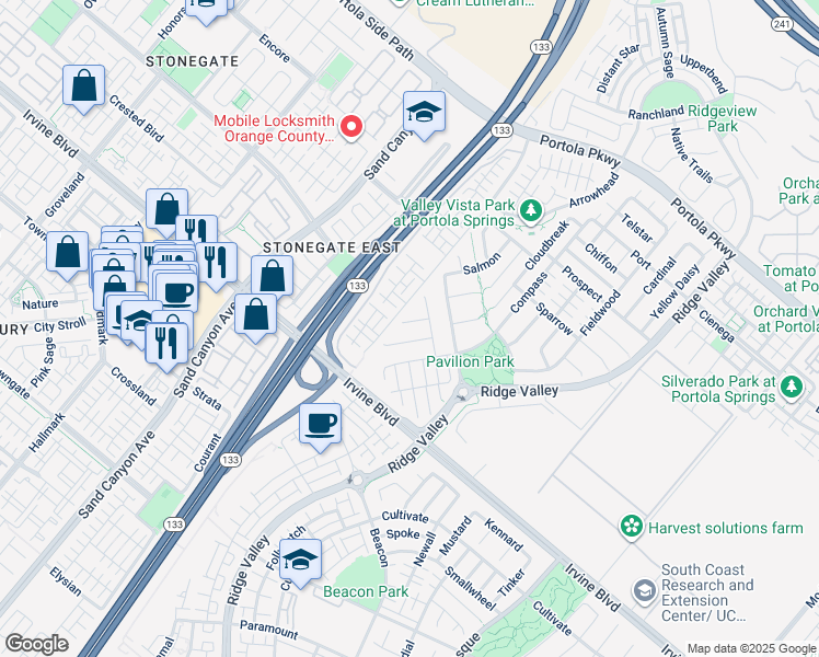 map of restaurants, bars, coffee shops, grocery stores, and more near 228 Midori in Irvine