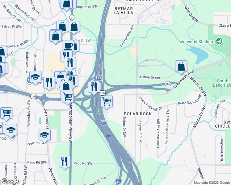 map of restaurants, bars, coffee shops, grocery stores, and more near 2535 Lakewood Avenue Southwest in Atlanta