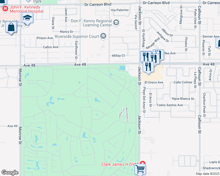 map of restaurants, bars, coffee shops, grocery stores, and more near 82594 Doolittle Drive in Indio