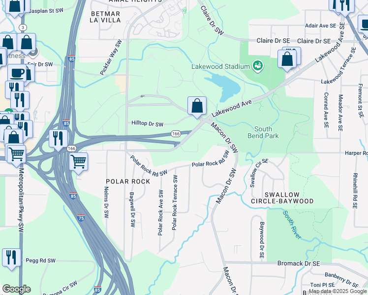 map of restaurants, bars, coffee shops, grocery stores, and more near 2294 Lakewood Avenue Southwest in Atlanta