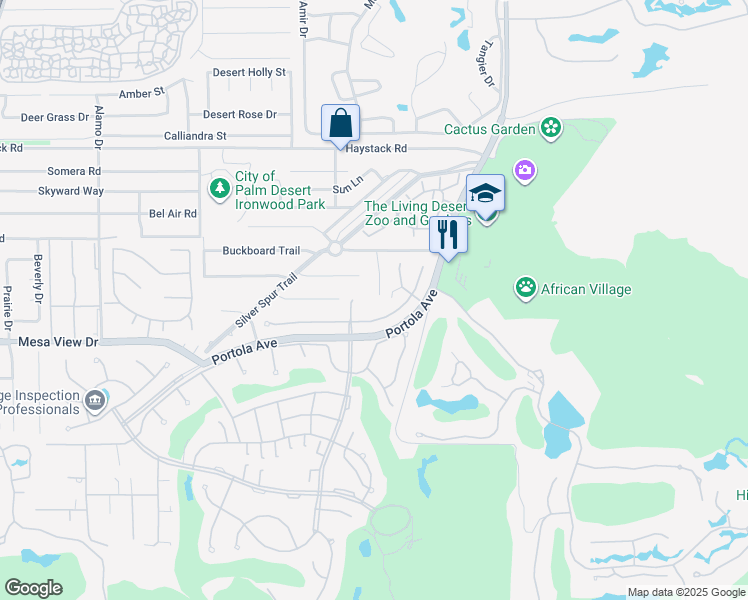 map of restaurants, bars, coffee shops, grocery stores, and more near 48301 Birdie Way in Palm Desert