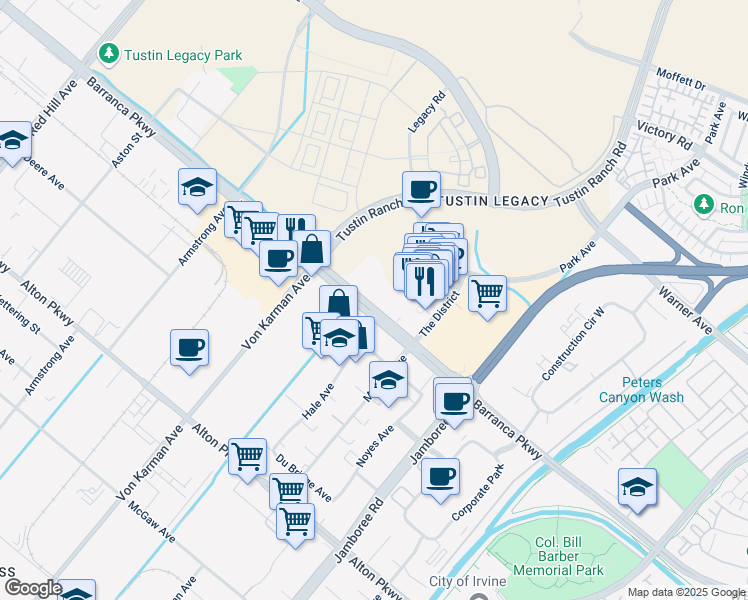 map of restaurants, bars, coffee shops, grocery stores, and more near 2345 Barranca Parkway in Tustin