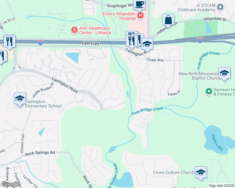 map of restaurants, bars, coffee shops, grocery stores, and more near 2635 Parrish Court in Stonecrest