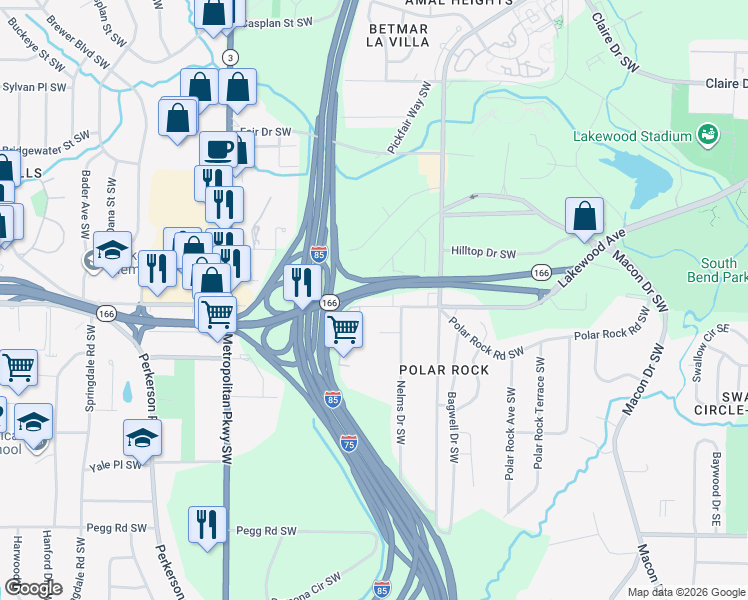 map of restaurants, bars, coffee shops, grocery stores, and more near 2535 Lakewood Avenue Southwest in Atlanta