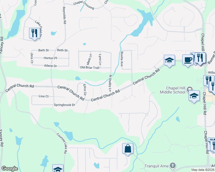 map of restaurants, bars, coffee shops, grocery stores, and more near 3963 North Shelby Lane in Douglasville