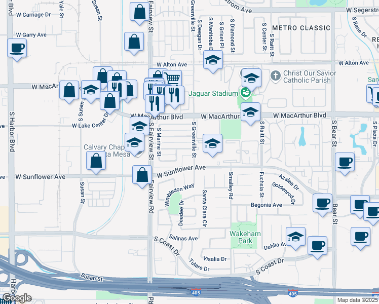 map of restaurants, bars, coffee shops, grocery stores, and more near 2608 West Aurora Street in Santa Ana