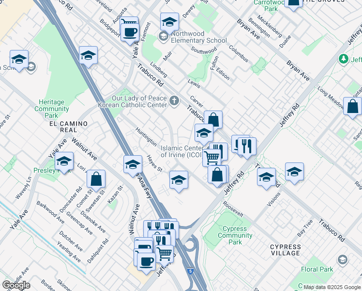 map of restaurants, bars, coffee shops, grocery stores, and more near 41 Cartier Aisle in Irvine