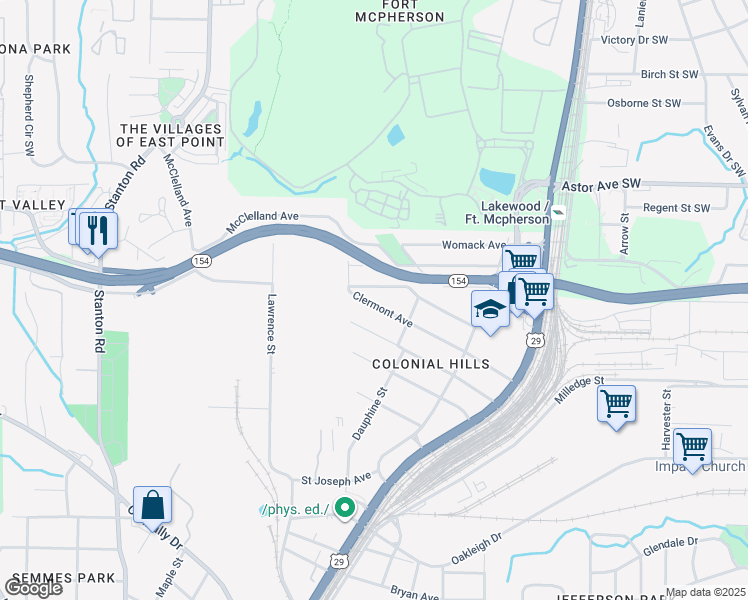 map of restaurants, bars, coffee shops, grocery stores, and more near 1467 Clermont Avenue in East Point