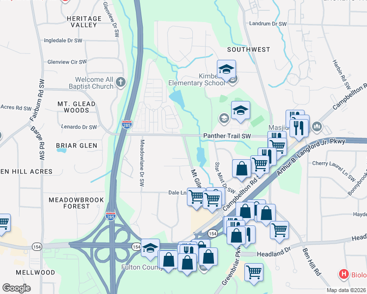 map of restaurants, bars, coffee shops, grocery stores, and more near 3196 Mount Gilead Road Southwest in Atlanta
