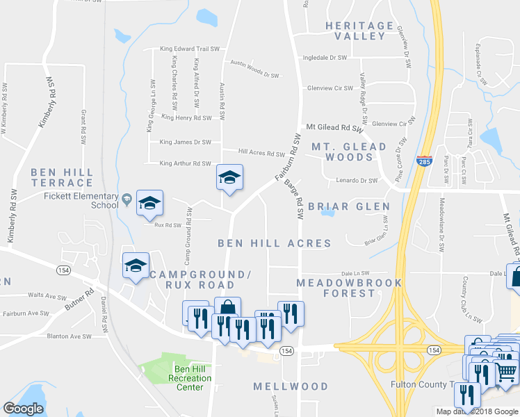 map of restaurants, bars, coffee shops, grocery stores, and more near 2089 Pemberton Road Southwest in Atlanta