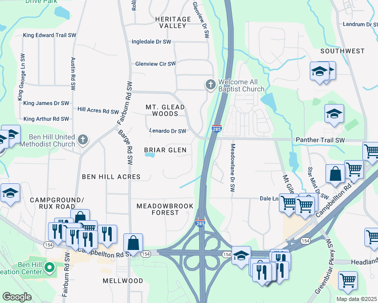 map of restaurants, bars, coffee shops, grocery stores, and more near 2001 Briar Trail Court Southwest in Atlanta