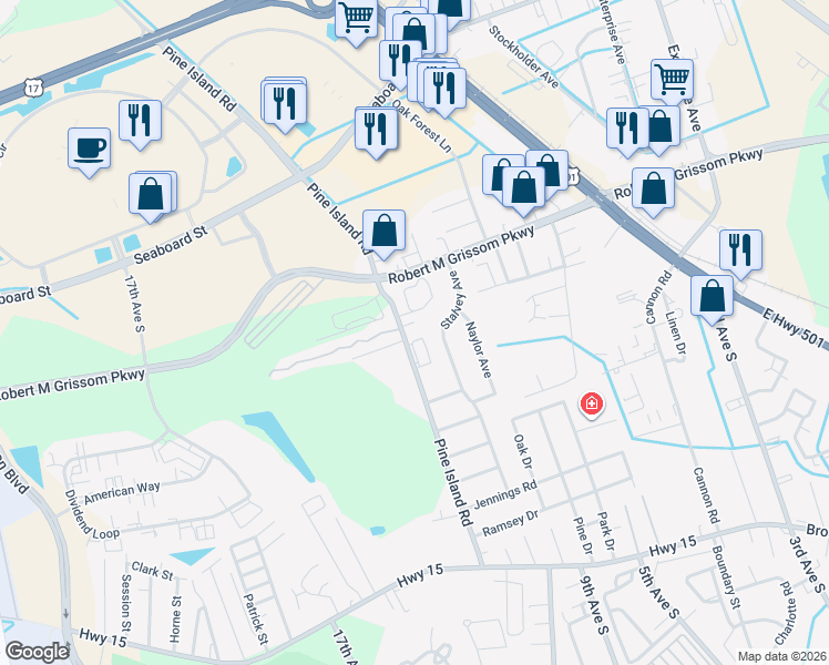map of restaurants, bars, coffee shops, grocery stores, and more near 1622 Pine Island Road in Myrtle Beach