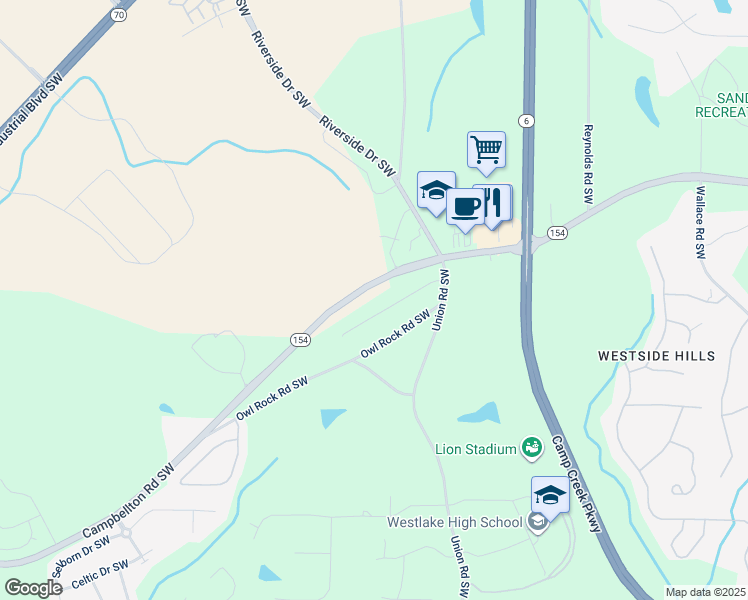 map of restaurants, bars, coffee shops, grocery stores, and more near 6005 Canaan Woods Drive Southwest in Atlanta