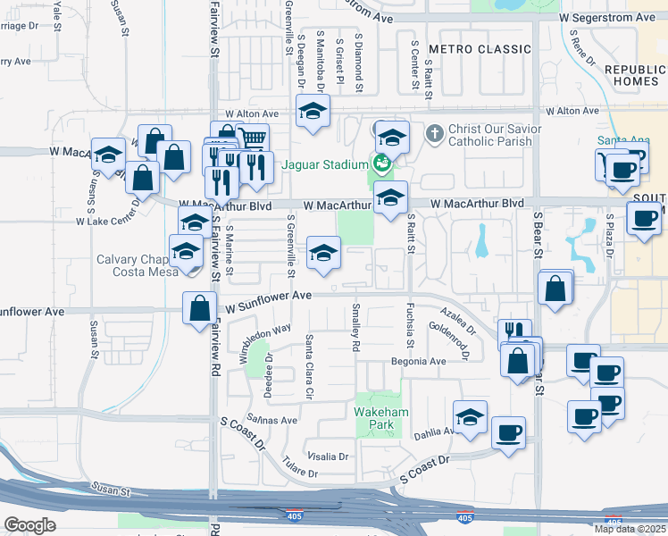 map of restaurants, bars, coffee shops, grocery stores, and more near 2511 West Sunflower Avenue in Santa Ana