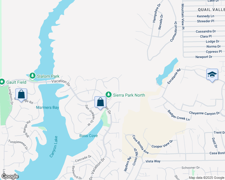 map of restaurants, bars, coffee shops, grocery stores, and more near 28815 Yosemite Place in Canyon Lake