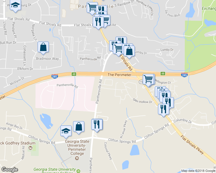 map of restaurants, bars, coffee shops, grocery stores, and more near 3099 Panthers Trce in Decatur