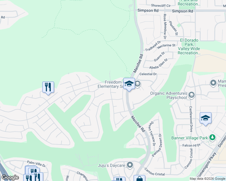 map of restaurants, bars, coffee shops, grocery stores, and more near 28890 Emerald Key Court in Menifee