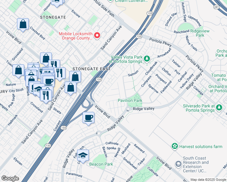 map of restaurants, bars, coffee shops, grocery stores, and more near 228 Midori in Irvine