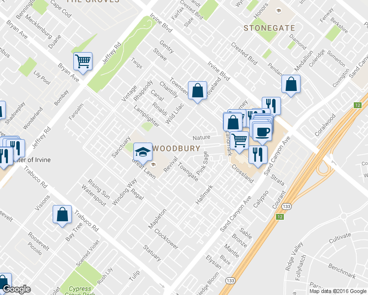 map of restaurants, bars, coffee shops, grocery stores, and more near 22 City Stroll in Irvine