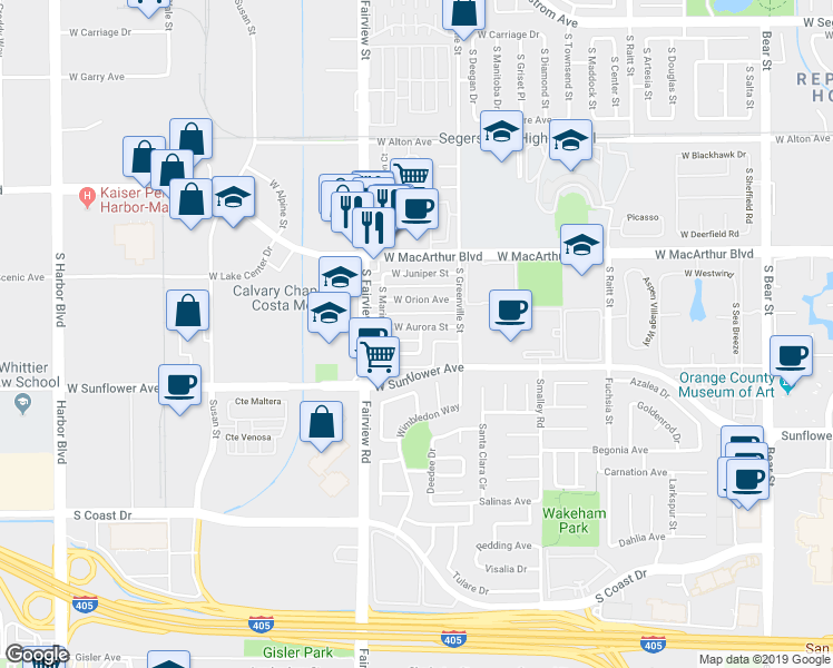 map of restaurants, bars, coffee shops, grocery stores, and more near 2708 West Aurora Street in Santa Ana