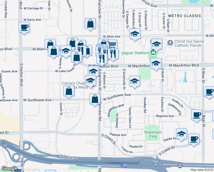 map of restaurants, bars, coffee shops, grocery stores, and more near 2708 West Aurora Street in Santa Ana