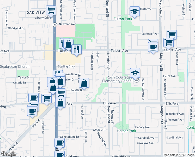 map of restaurants, bars, coffee shops, grocery stores, and more near 18242 Hartlund Lane in Huntington Beach