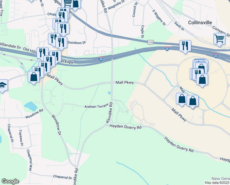 map of restaurants, bars, coffee shops, grocery stores, and more near 2950 Klondike Road in Stonecrest
