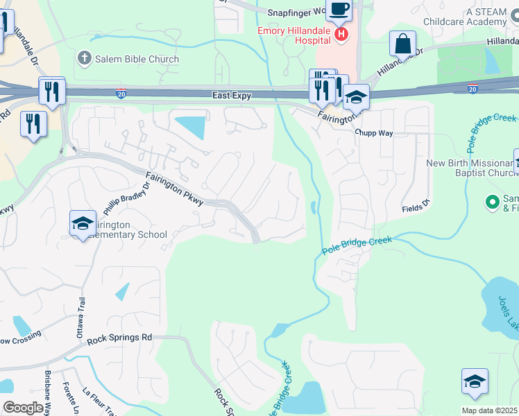 map of restaurants, bars, coffee shops, grocery stores, and more near 10104 Fairington Ridge Circle in Stonecrest