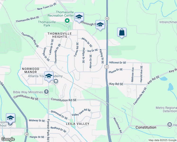map of restaurants, bars, coffee shops, grocery stores, and more near 2057 Akron Drive Southeast in Atlanta